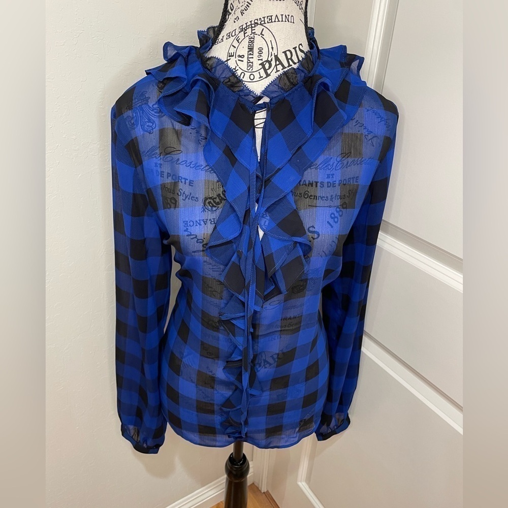 Ralph Lauren Buffalo Check Georgette Ruffled Blue and Black Blouse Size …